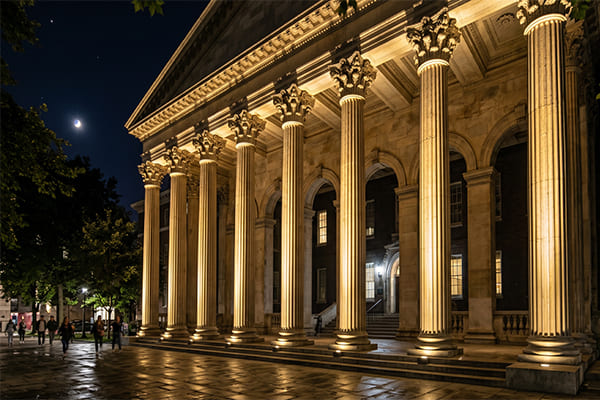 Architectural columns highlighted with narrow beam lights